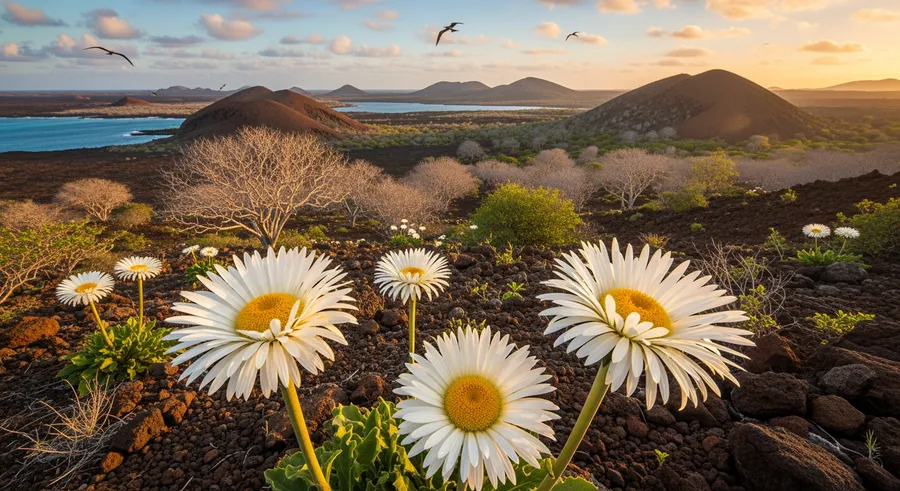 Galápagos landscape with giant daisies in foreground