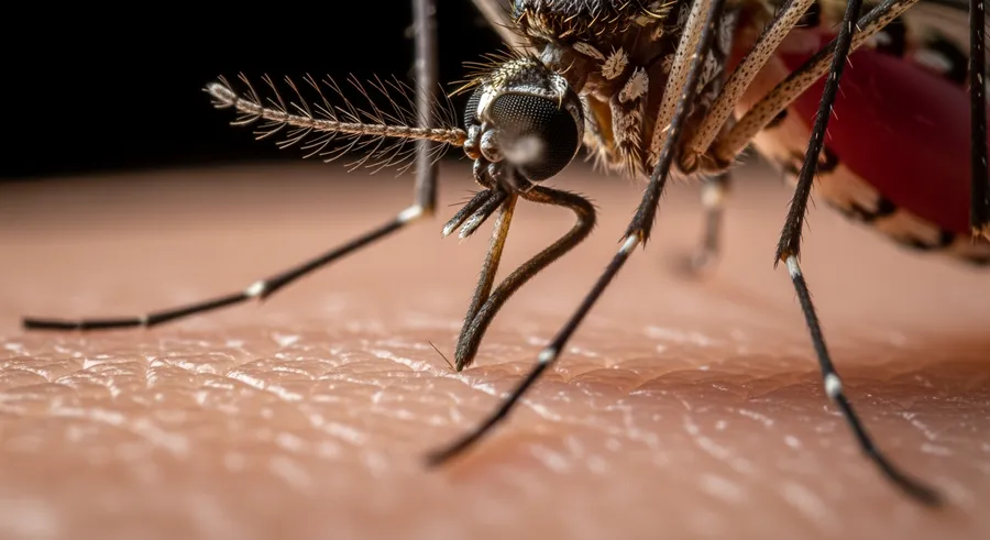 Close-up of mosquito proboscis piercing human skin malaria transmission