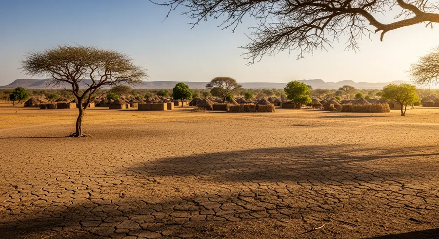 African village with arid landscape climate change effects on environment