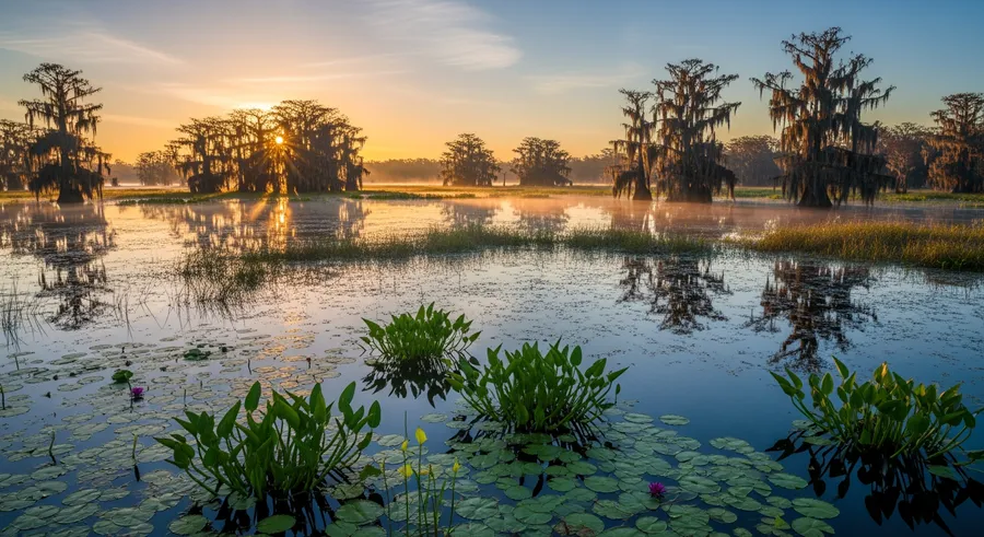 Wide view of Okefenokee Swamp with diverse plant species