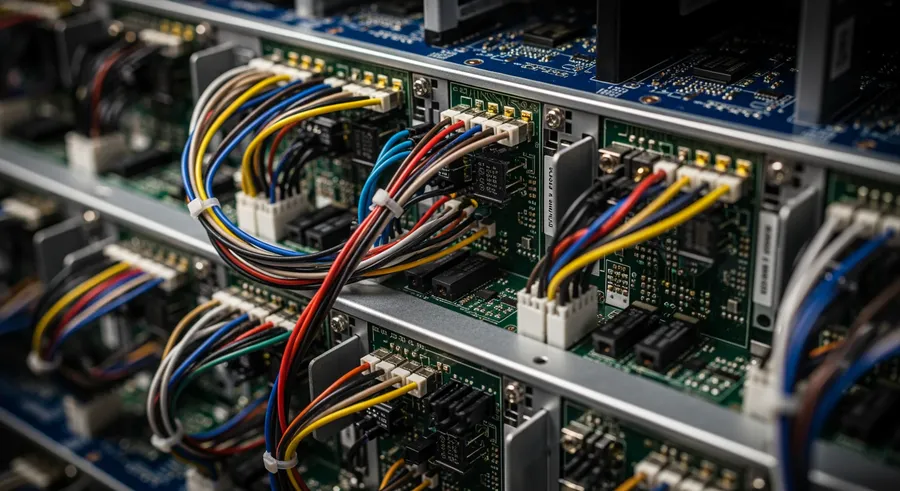 close-up of wiring and circuits in AI model server