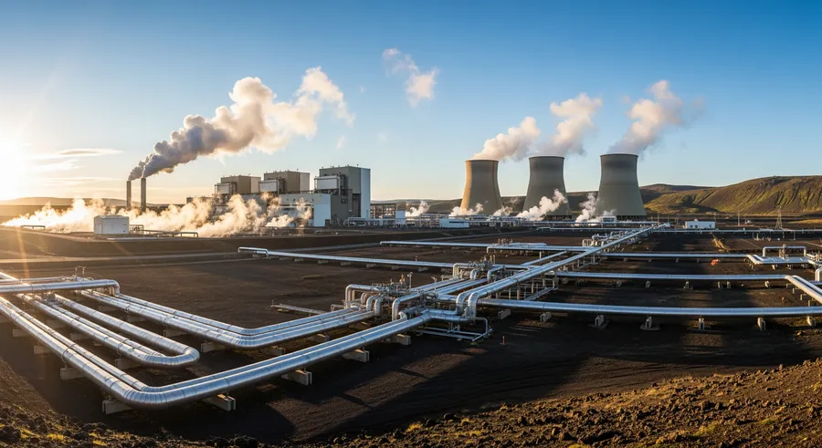 vast geothermal field with power plants and piping systems