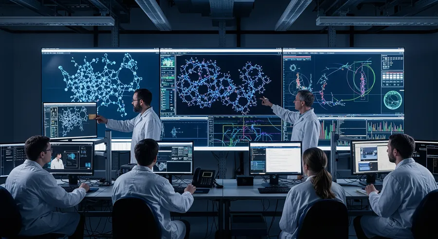 laboratory with researchers and nanorobot data displays