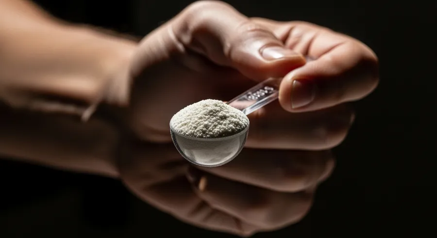 close-up of hand holding measuring spoon with protein powder