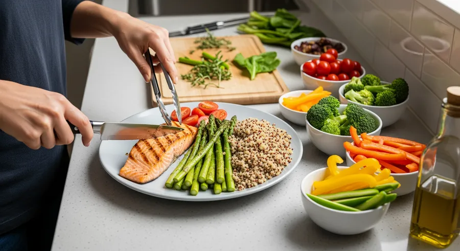person portioning protein with vegetables and grains on countertop