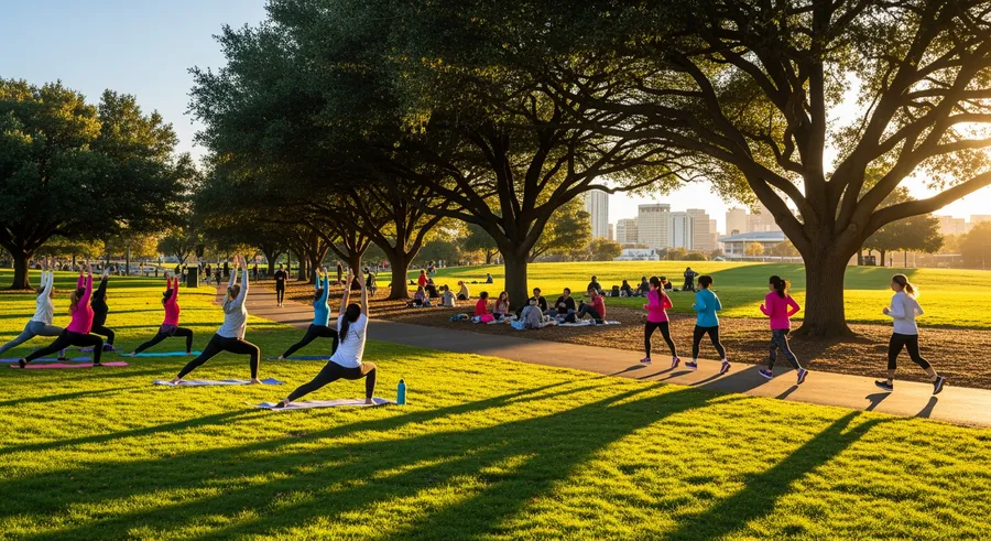 wide shot of city park with people engaging in active lifestyles