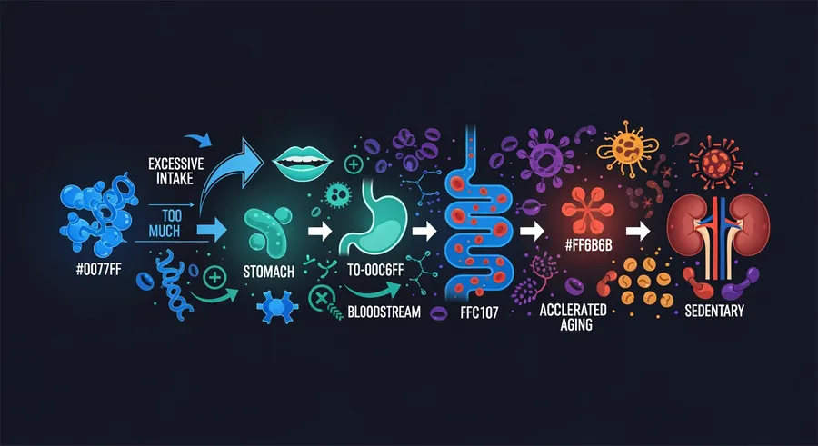 process flow of excessive protein intake effects on aging