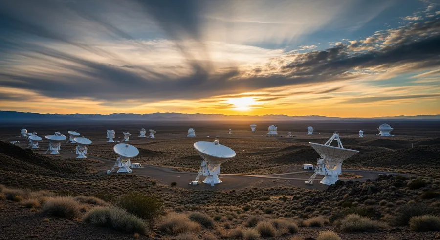 Remote observatory with radio telescopes in desert