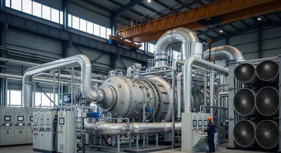 Hydrogen turbine in industrial setting with equipment and human for scale