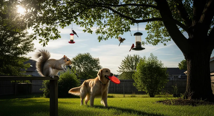 suburban backyard with pet, birds, and squirrels