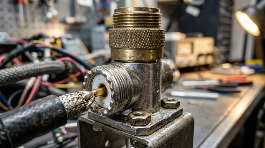 Close-up of VHF antenna connector metalwork