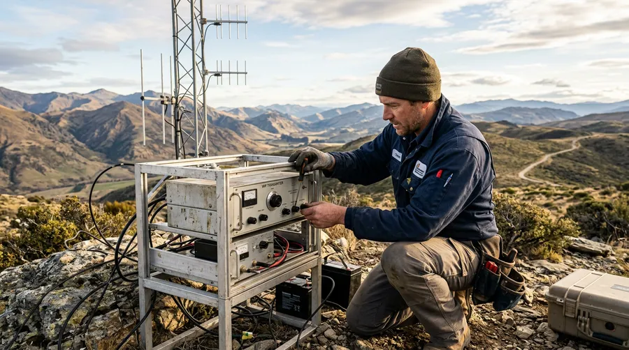 Field engineer adjusting VHF radio transmitter