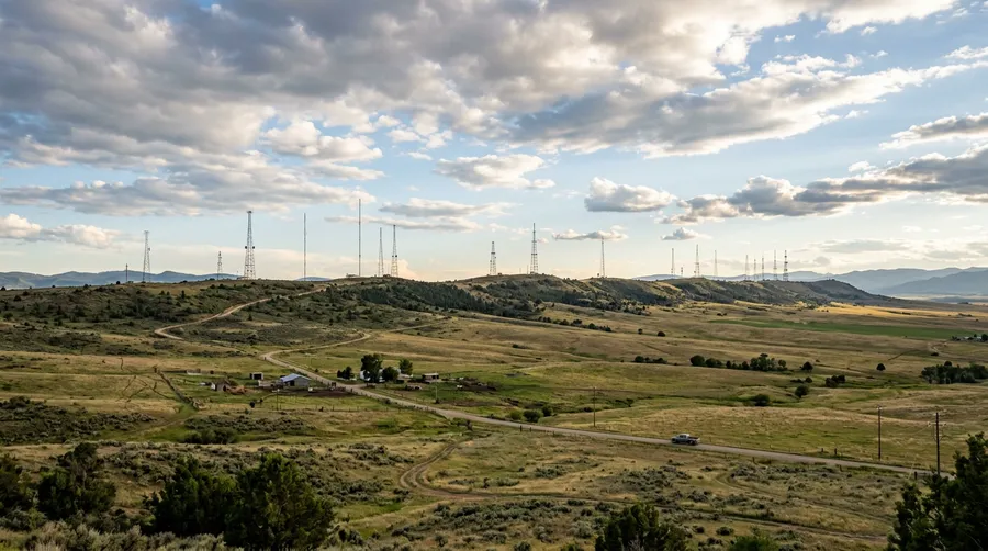 Rural landscape with multiple VHF radio towers
