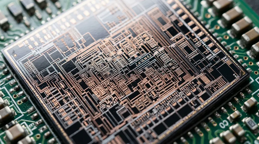Close-up of microchip in Z.ai GLM-5.2 model highlighting intricate circuitry