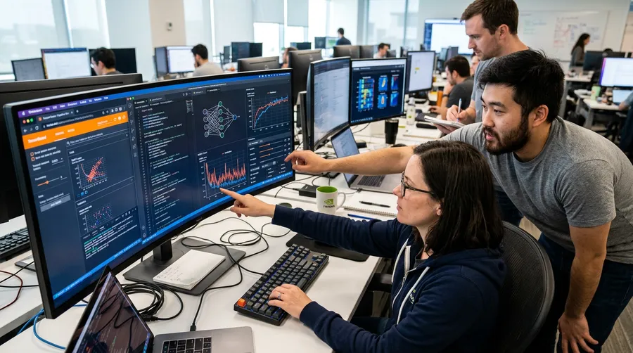Data scientists adjusting AI algorithms on screens with complex code
