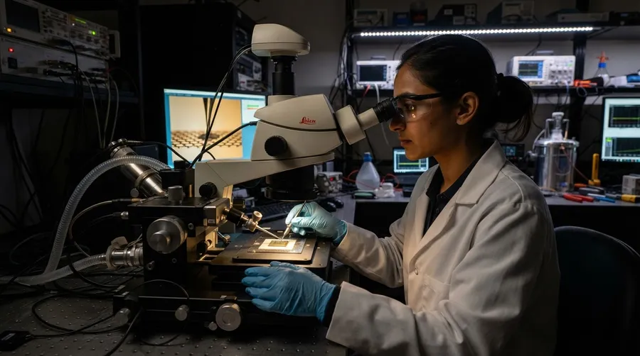 Researcher manipulating graphene layers with instruments
