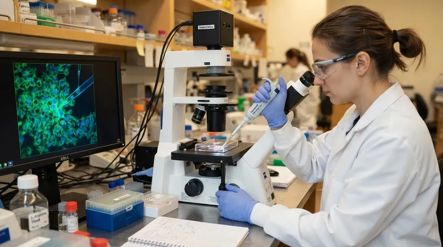 Scientist injecting arginine solution into live-cell microscope