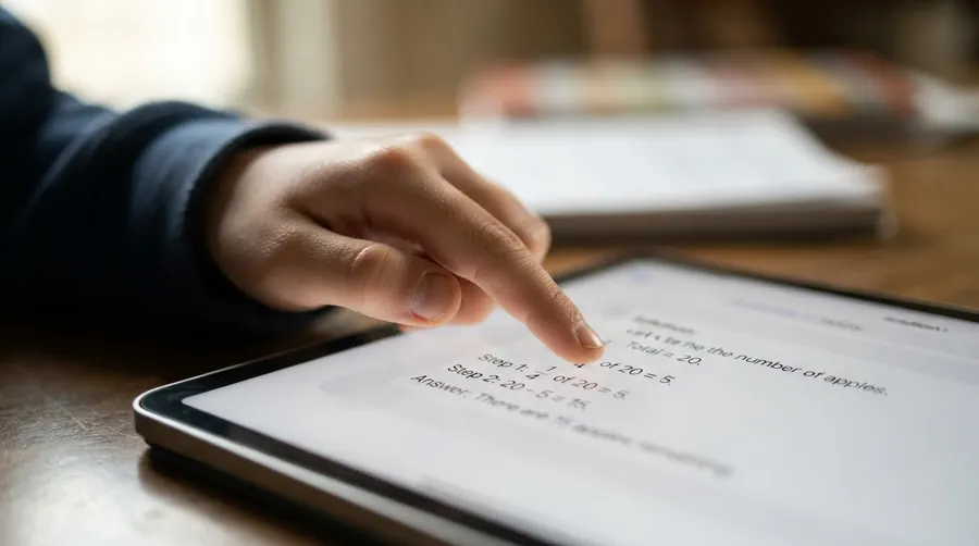Child's hand interacting with AI-generated homework solution on tablet