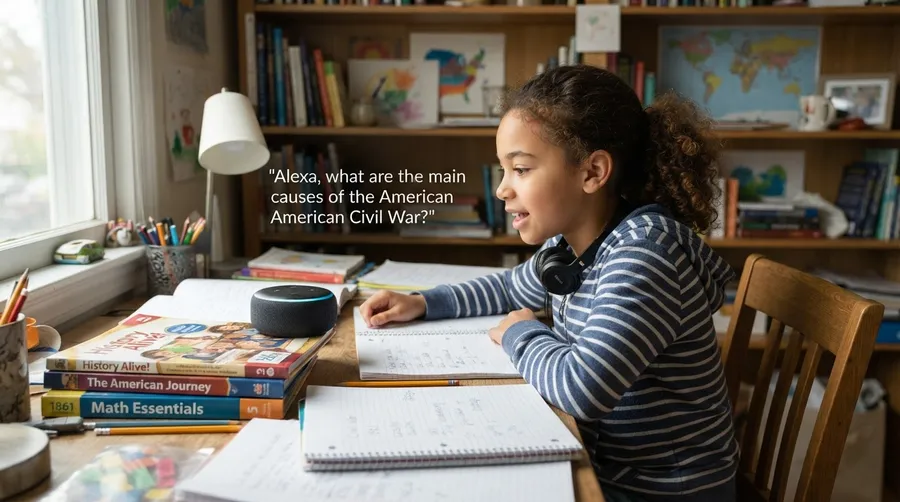 Child using voice commands with AI device for homework assistance