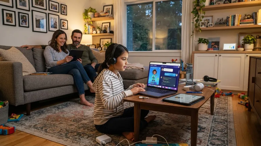Family living room with AI integration for homework help