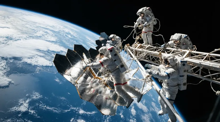 Astronauts deploying reflective shields in orbit to deflect alien attacks