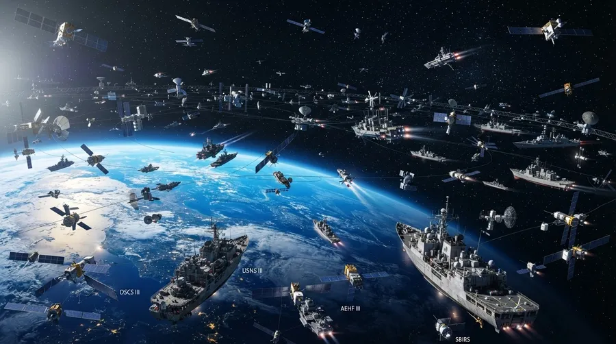 Wide shot of Earth with defense satellites and ships in orbit against space backdrop