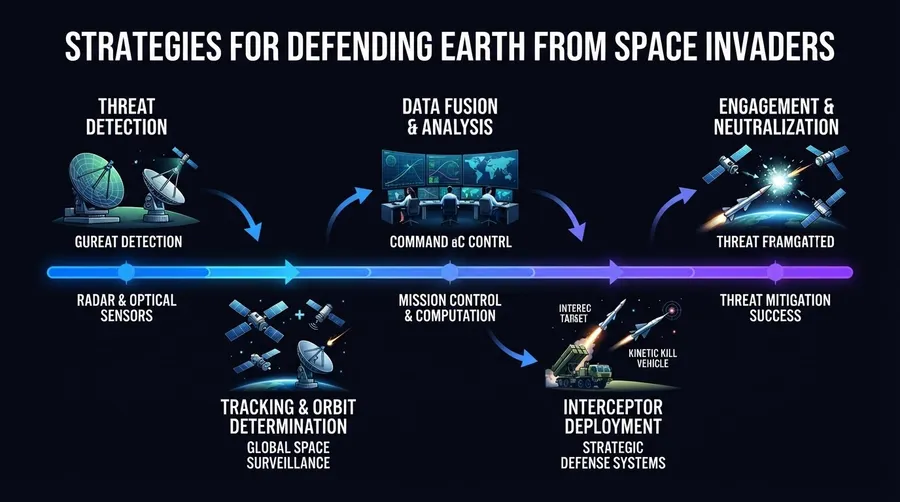 Process flow of actions to detect, track, and engage space invaders with radar and satellites
