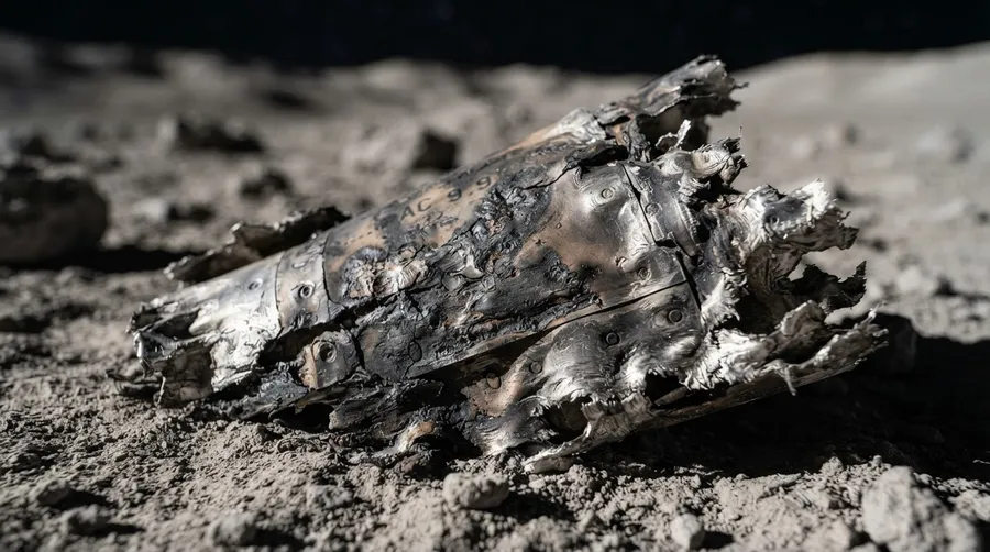 Close-up of charred Falcon 9 debris on lunar surface