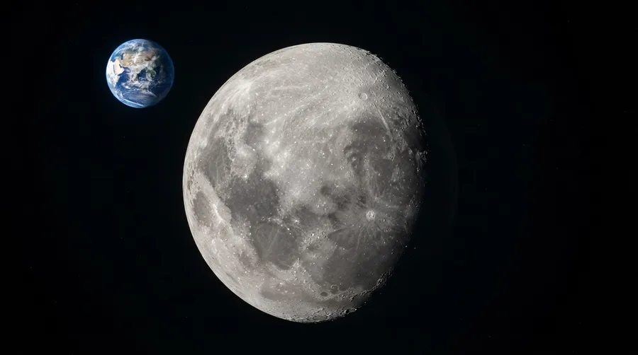 Wide shot of Moon and Earth showing debris impact scale