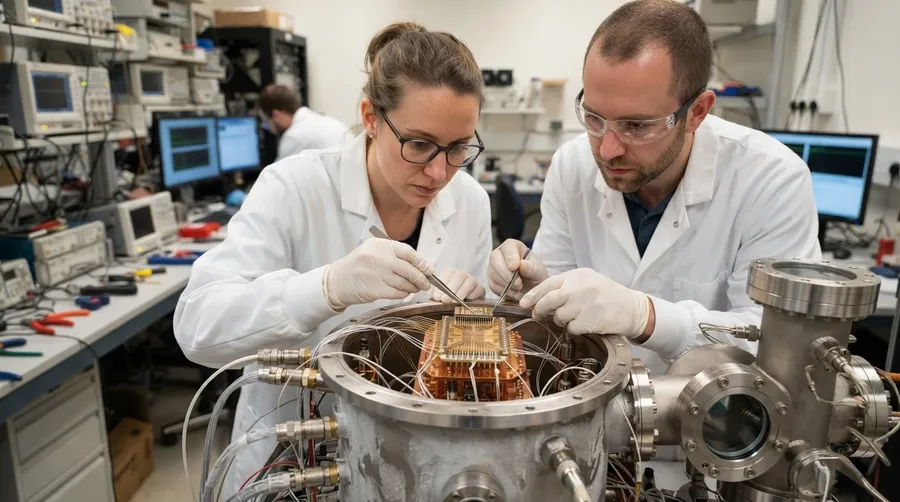scientists handling chip for cryogenic chamber insertion