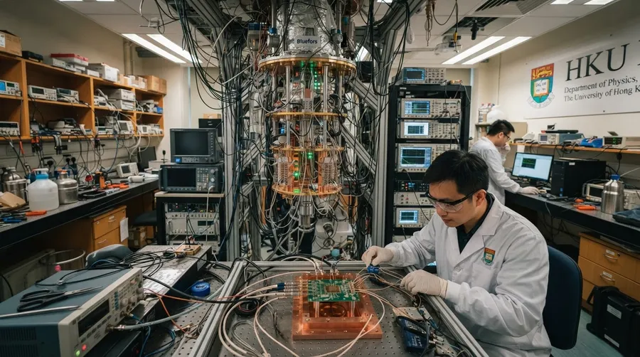 laboratory at University of Hong Kong with cryogenic equipment and chip setup
