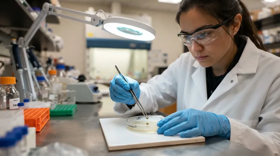 researcher placing postbiotic supplement into petri dish