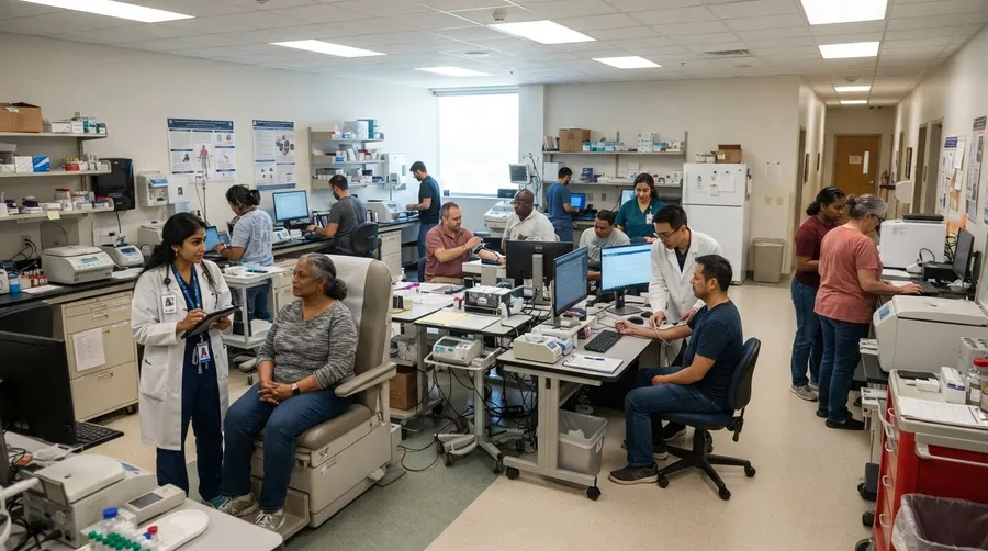 clinical trial room with participants and researchers
