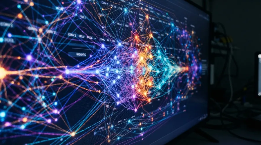 Close-up of neural network model showing algorithmic pathways and nodes