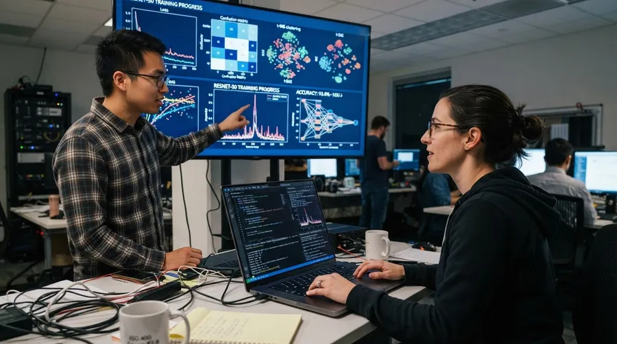 Researchers collaborating on machine learning experiment with data visualizations