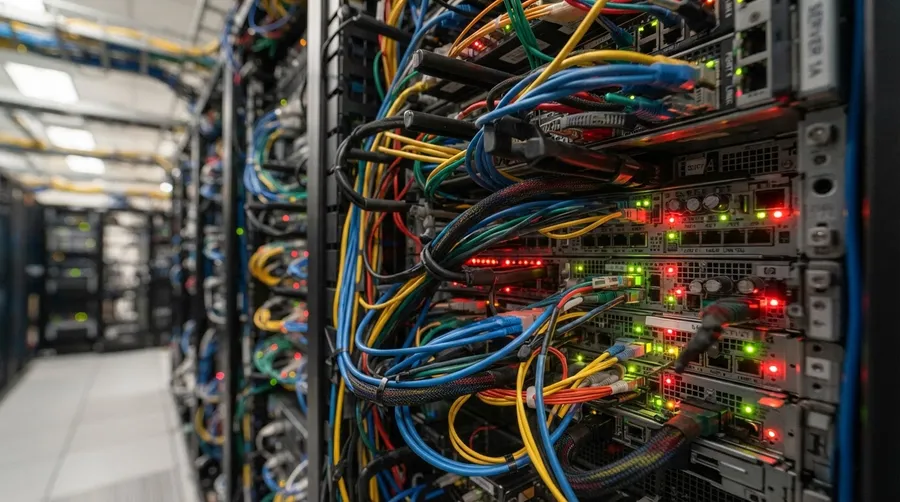 Close-up of data server wires and LED lights showing energy usage