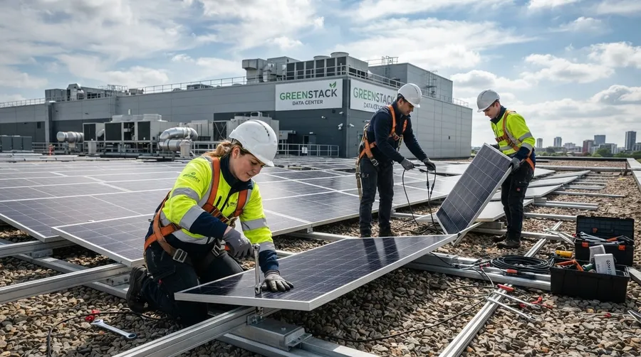 Engineers installing solar panels on Amazon data center roof