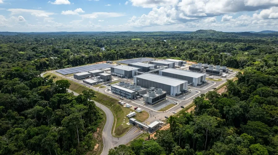 Amazon data center scale in rainforest with bright daylight