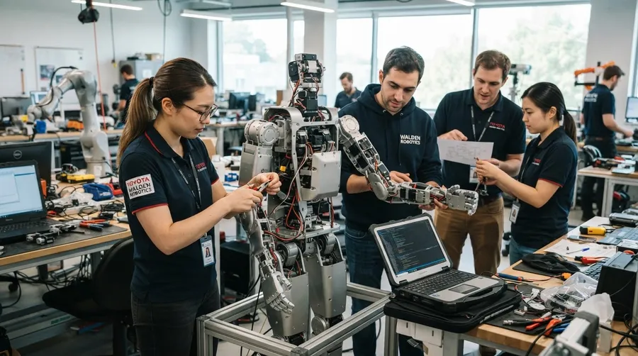 Engineers from Walden Robotics and Toyota assembling humanoid robot