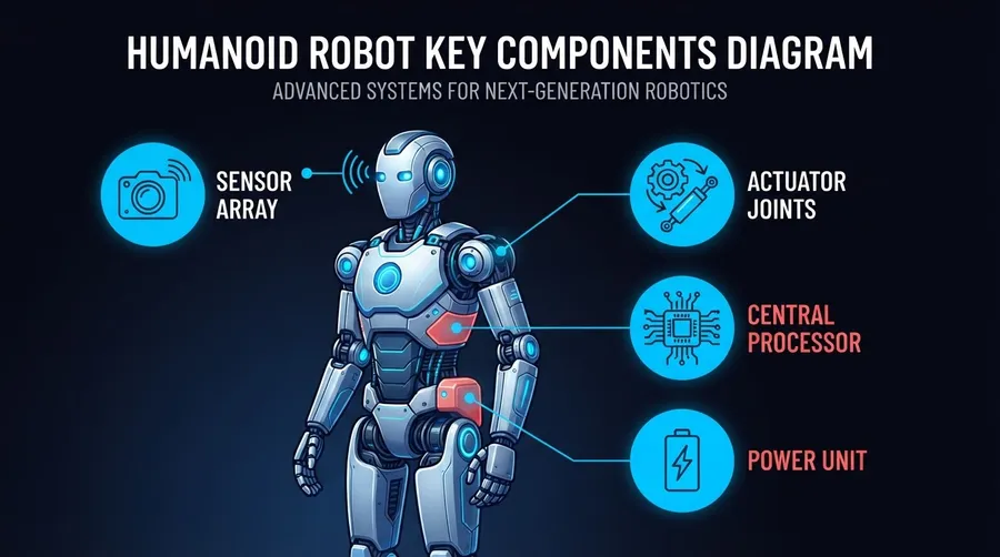 Diagram of humanoid robot components with sensors and processors