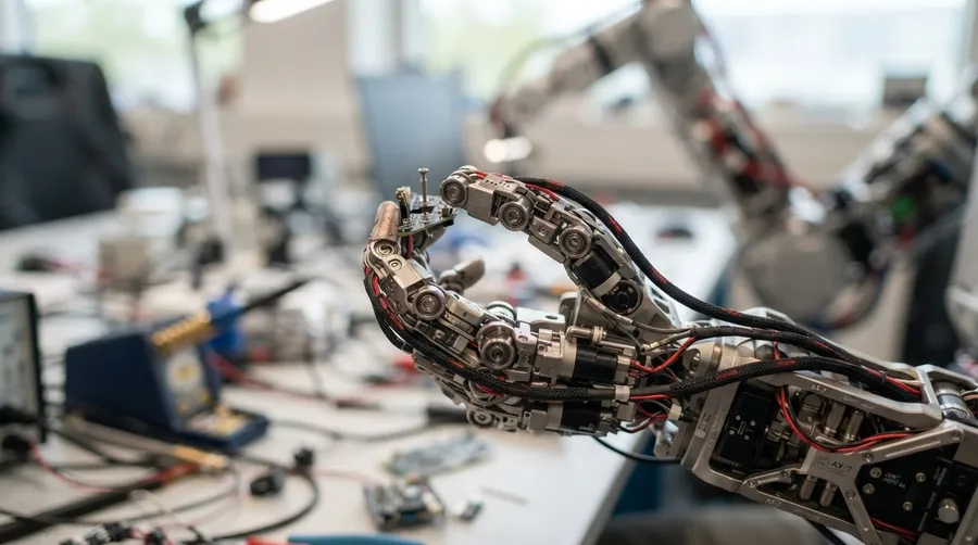 close-up of advanced robotic hand with intricate joints and sensors