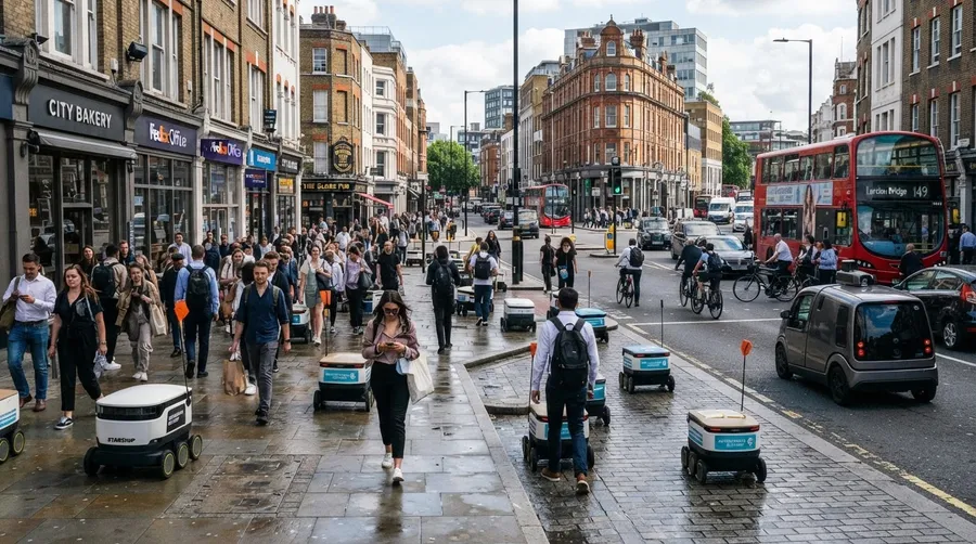 autonomous delivery robots navigating urban cityscape