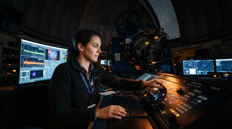 Scientist adjusting high-tech telescope for cosmos