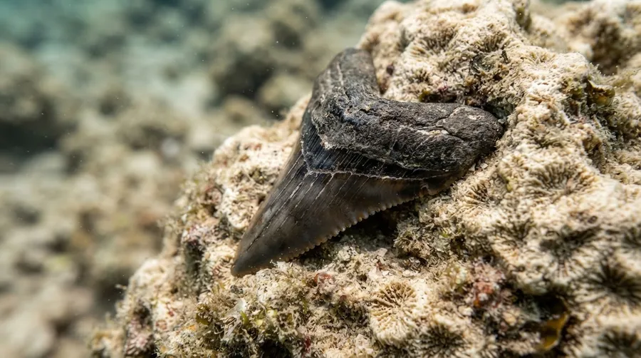close-up of prehistoric shark tooth embedded in coral with detailed textures