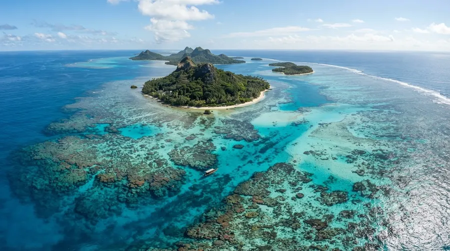 aerial view of Pacific coral reef ecosystem with turquoise waters and islands