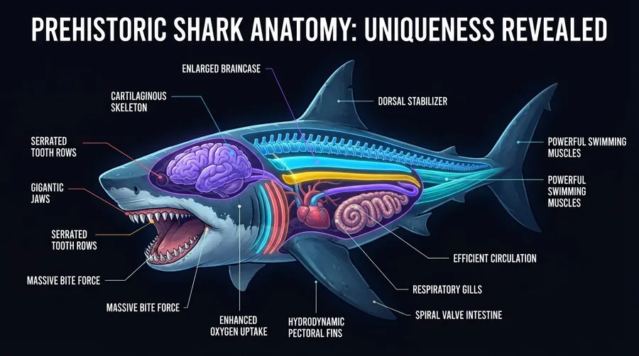 anatomy diagram of prehistoric shark with labeled unique features
