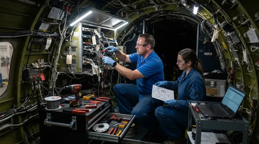 Technicians modifying NASA 737 components inside fuselage with tools visible