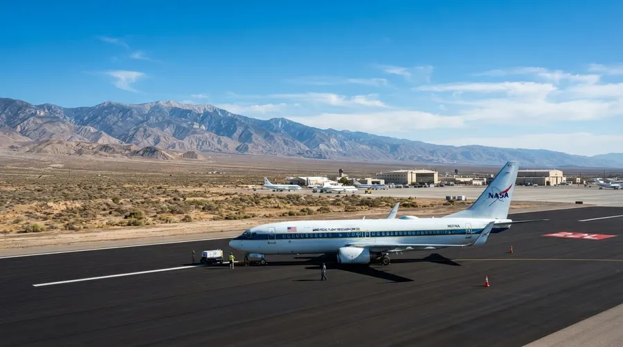 NASA 737 aircraft on runway at Armstrong Flight Research Center with desert backdrop