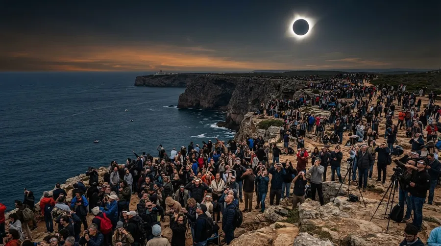 Crowd in Portugal viewing eclipse by ocean