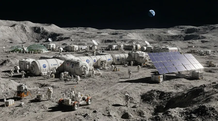 lunar base with habitats and rovers demonstrating human activity on Moon
